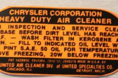 Oil Bath Air Cleaner Dekal Mopar 8 Cyl. 1946-48